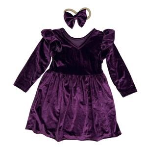 Baby Girl 18-24M Purple Velour Long Sleeve Formal Ruffle Dress Headband Set